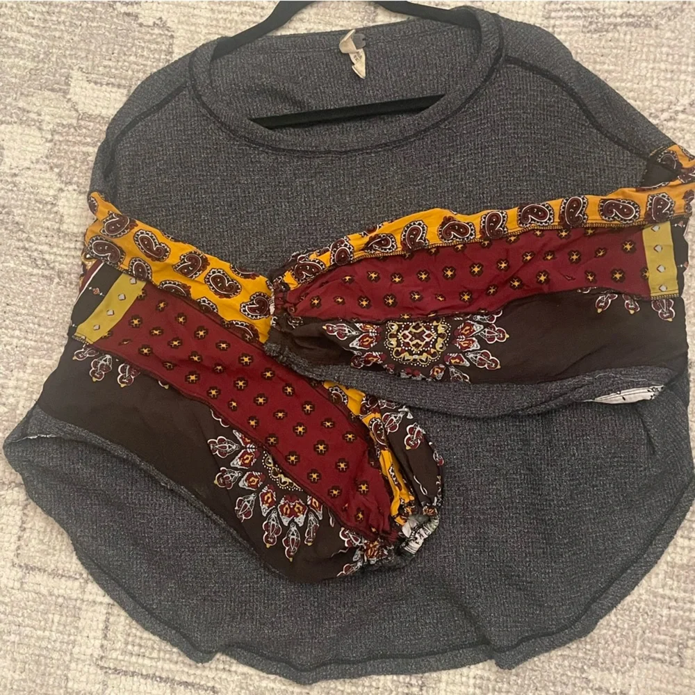 FREE PEOPLE We The Free Blossom Waffle Thermal Patchwork Paisley Sleeve top